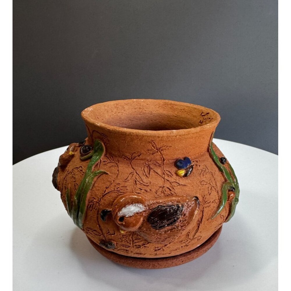 June Sears Signed Folk Art Pottery Planter Bird & Flower Design 4 1/4" Terracott - Picture 3 of 6